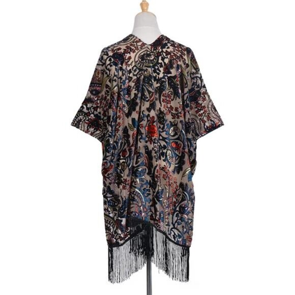Burnout Velvet Floral Paisley Print Fringe Kimono Cardigan Shawl Poncho Cover Up - Picture 3 of 7